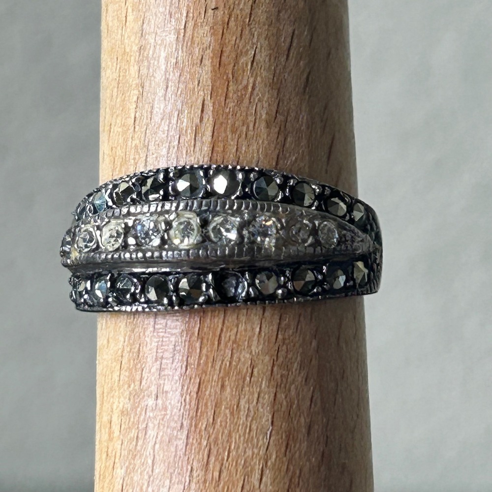 Ring Vintage 925 Sterling Silver Marcasite CZ Triple Row Band Size 7.25